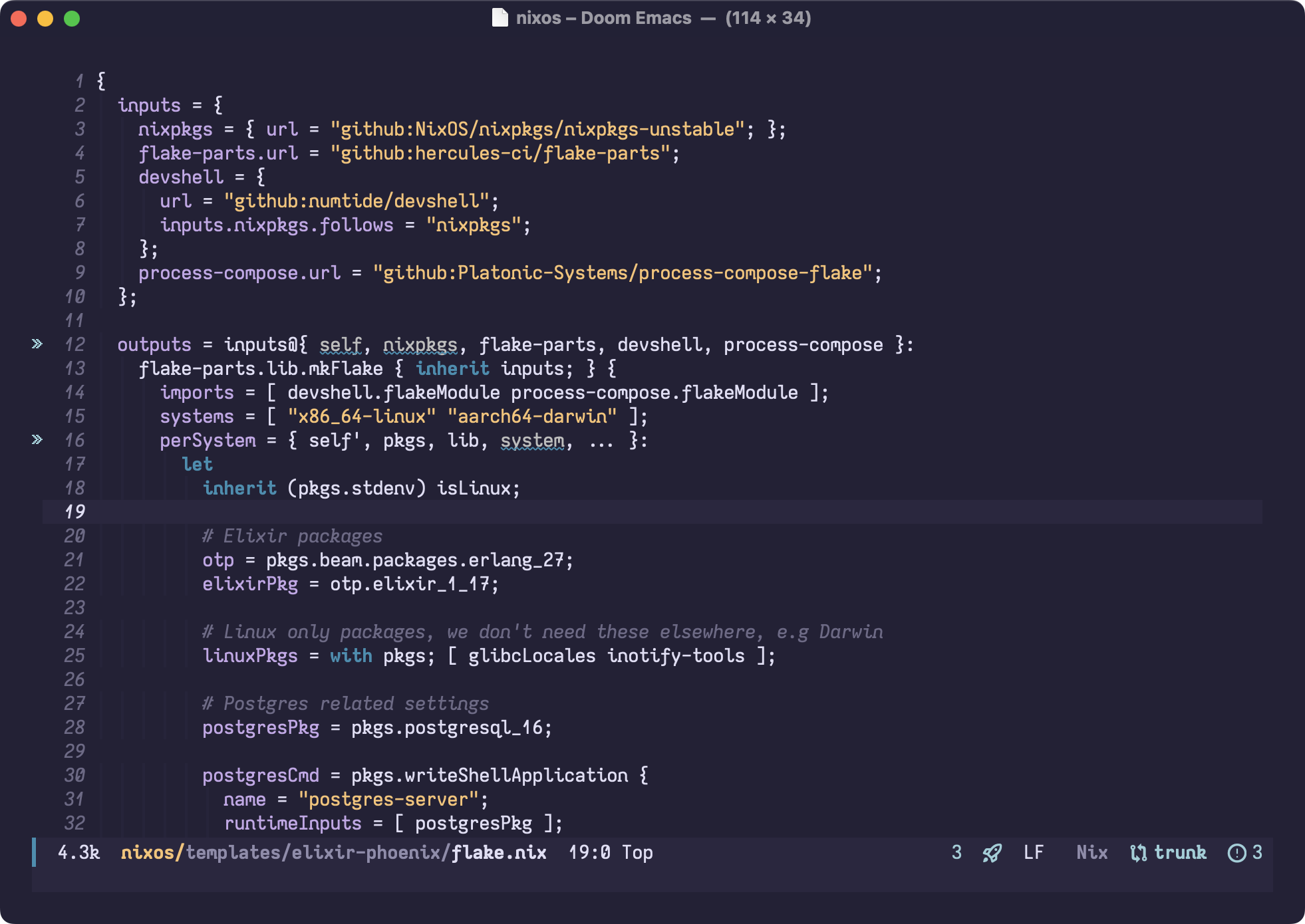 A screenshot of Emacs displaying some Nix code in my custom Iosevka font.