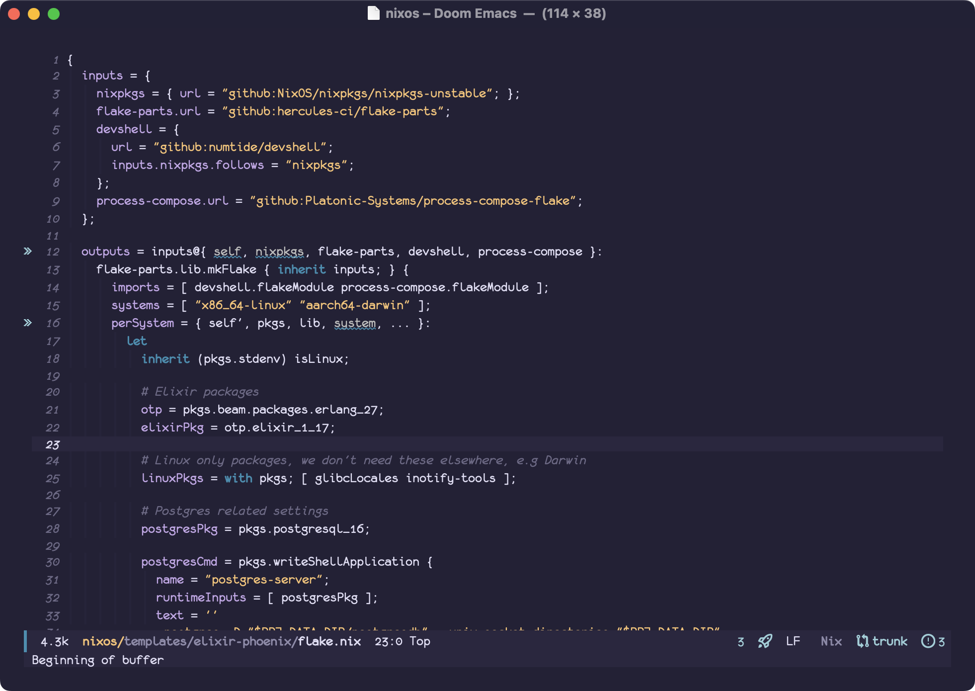 A screenshot of Emacs showing some Nix code in the Monofur font.