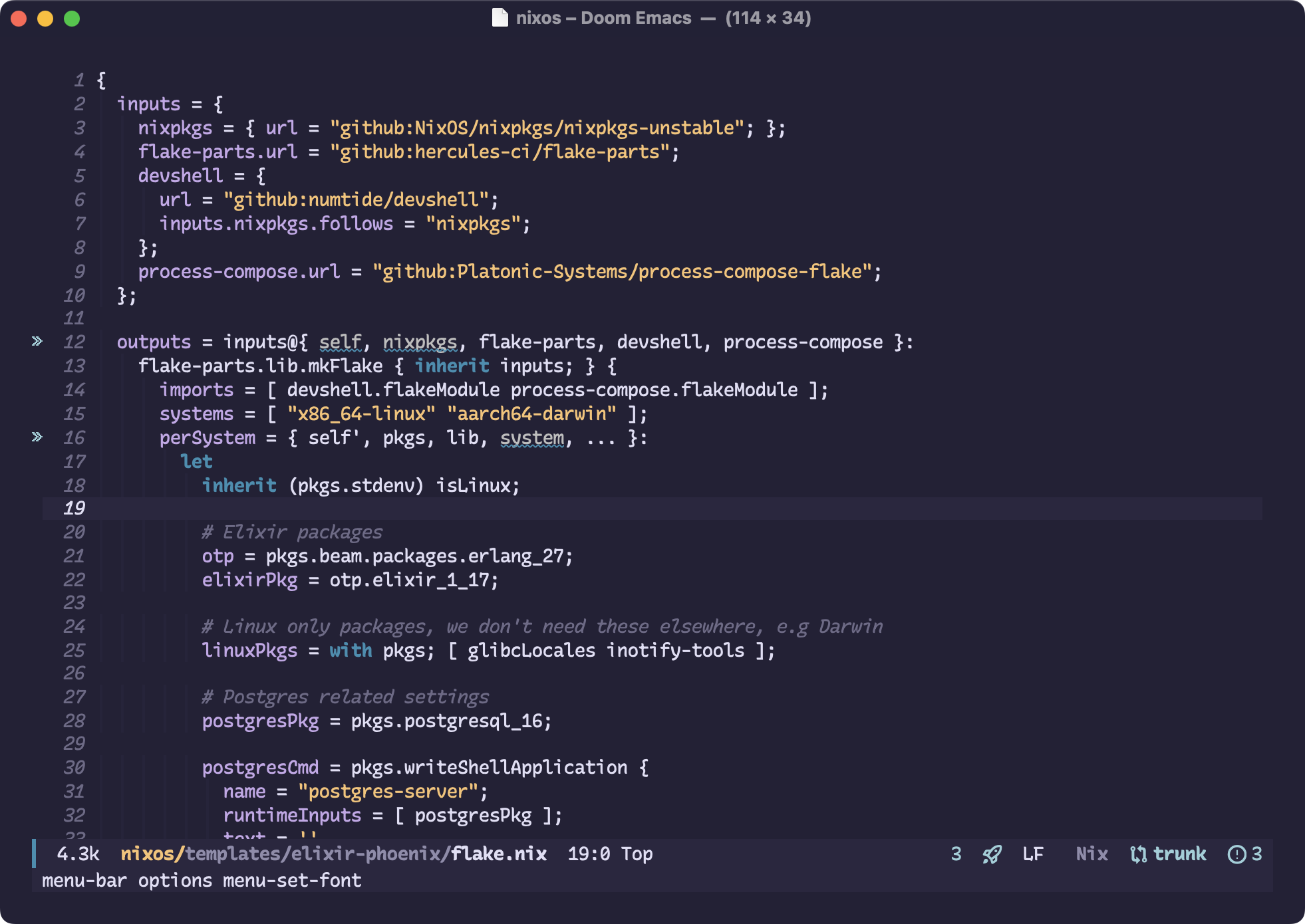 A screenshot of Emacs showing some Nix code in the Recursive Mono Casual font.