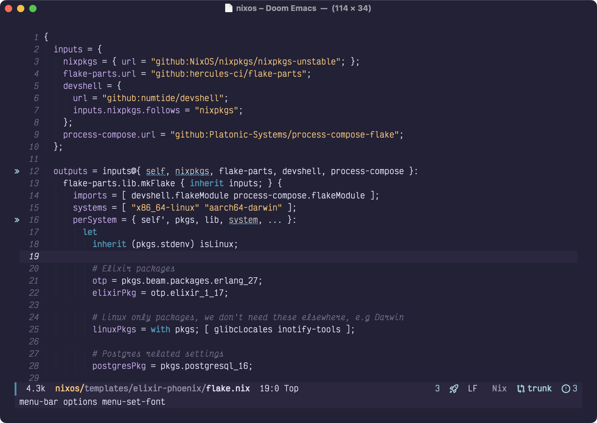 A screenshot of Emacs showing some Nix code in the Victor Mono font.