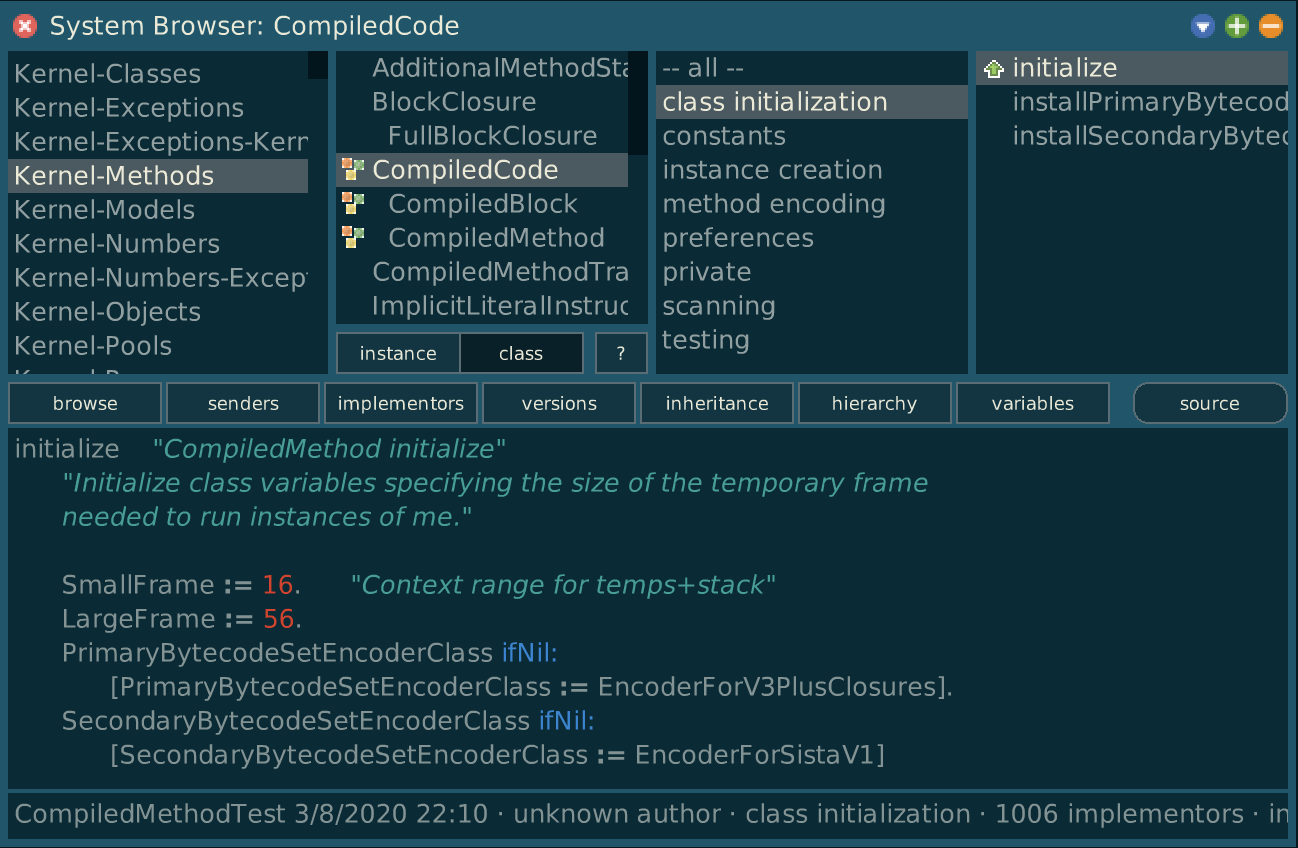 A screenshot of the Smalltalk System Browser. It shows four panes at the top for navigation and a code pane at the bottom, currently displaying the CompiledCode initalize class method.