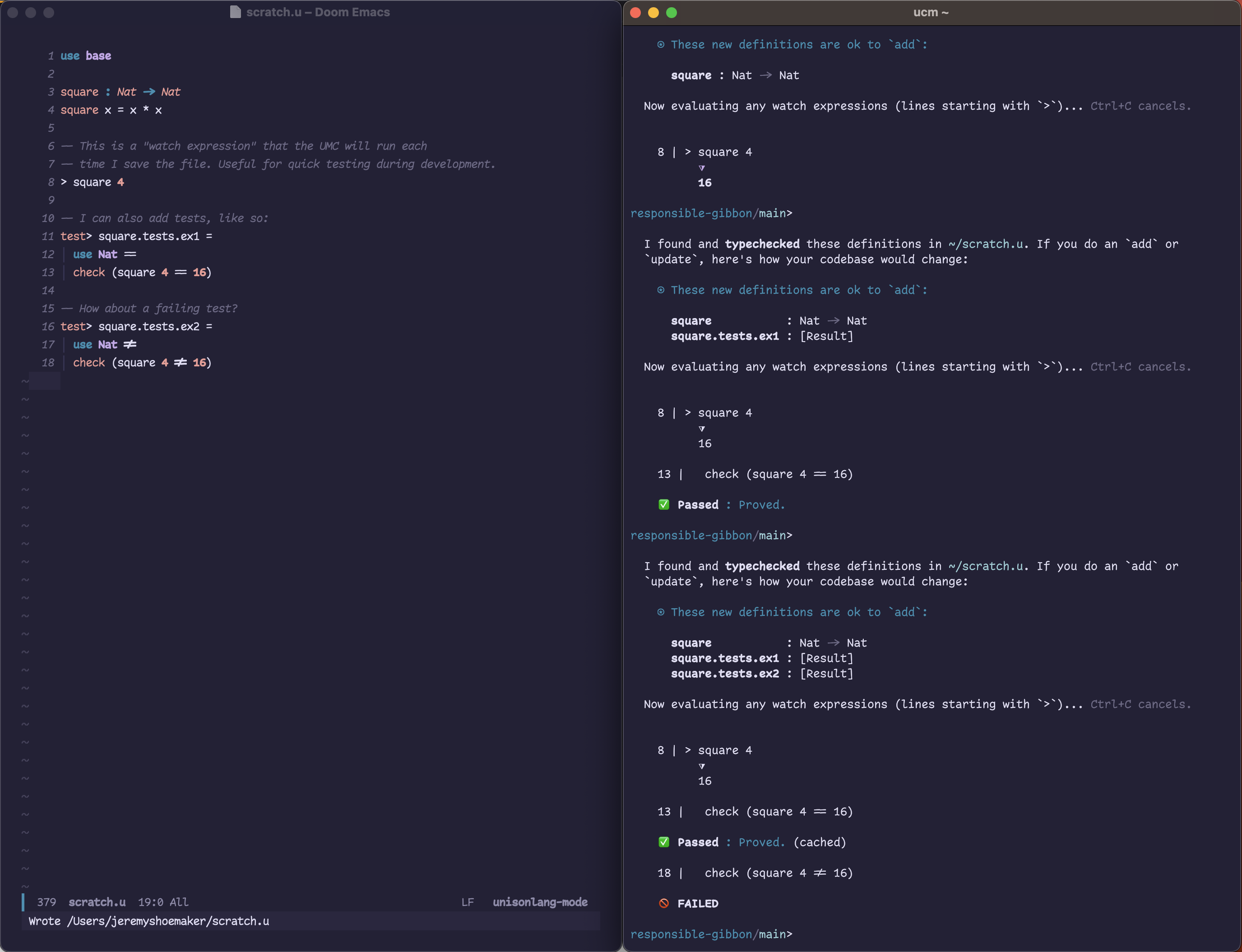 A screenshot of an Emacs window editing a file called scratch.u containg some Unison code, next to a terminal window showing the output of the Unison Code Manager or ucm.